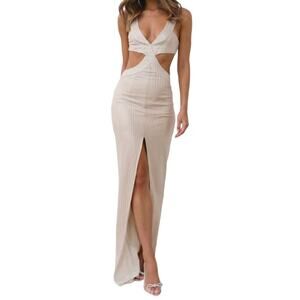 HELLO MOLLY $176 Pop The Champagne Cutout Bodycon Stretch Maxi Dress Gold US 4